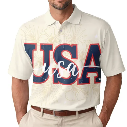 America 250th Anniversary USA Block Script Letters Hibiscus Palm Stars Men's Polo Shirt (Lightweight)