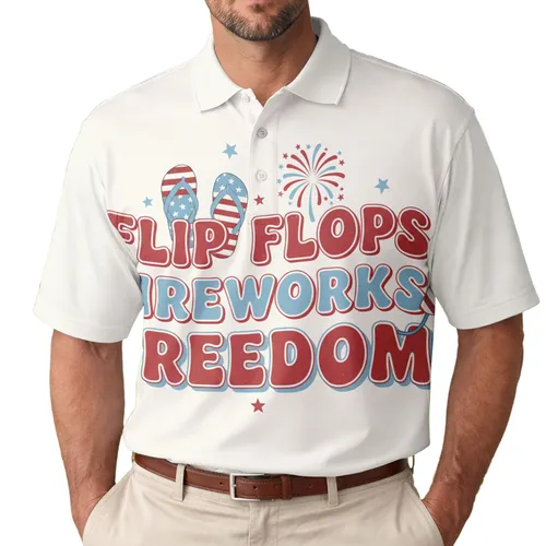 America 250th Birthday: Flip Flops Fireworks Freedom Typography Red White Blue Stars Men's Polo Shirt (Lightweight)