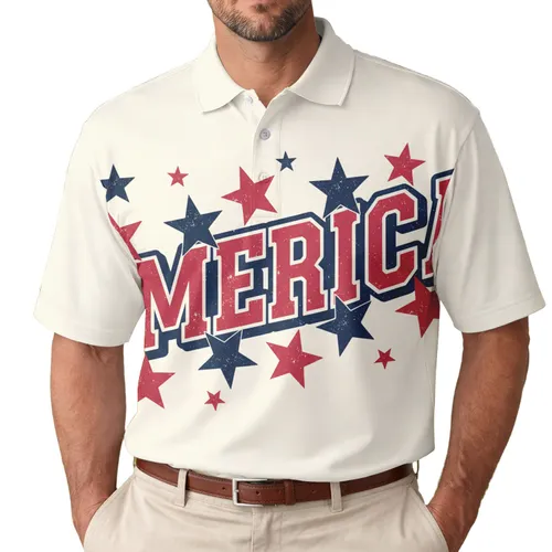 USA 250th Anniversary Patriotic AMERICA Block Text Distressed Stars Design Men's Polo Shirt (Lightweight)