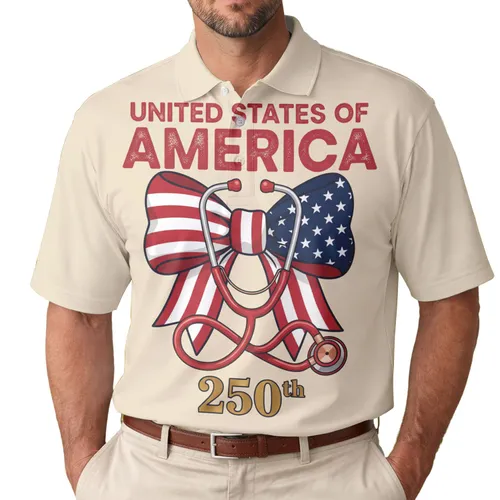 America 250th Anniversary Patriotic Flag Bow Stethoscope Crimson Navy Gold Men's Polo Shirt (Lightweight)