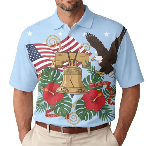 USA 250th Anniversary Liberty Bell Flag Eagle Tropical Hibiscus '1776-2026' Scrollwork Men's Polo Shirt (Lightweight)