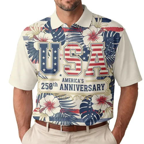 USA 250th Anniversary Patriotic Tropical Hibiscus Palm Star Navy Red White Men's Polo Shirt (Lightweight)