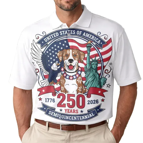 USA 250th Anniversary 1776-2026: Patriotic Dog Eagle Lady Liberty Flag Emblem Men's Polo Shirt (Lightweight)