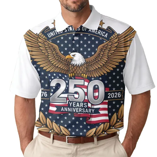 America 250th Anniversary Eagle Flag 1776-2026 Golden Wings Laurel Wreath Men's Polo Shirt (Lightweight)