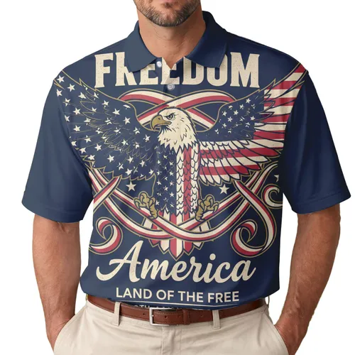 America's 250th Birthday Bald Eagle Flag Freedom Land of the Free Commemorative Men's Polo Shirt (Lightweight)