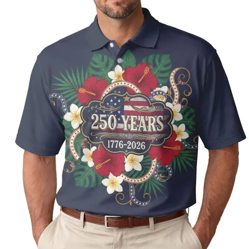USA 250th Anniversary Polo Flag '1776-2026' Hibiscus Plumeria Tribute Men's Polo Shirt (Lightweight)