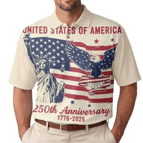 America's 250th Anniversary Distressed Flag Eagle Liberty 1776-2026 Stars Men's Polo Shirt (Lightweight)