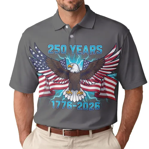 America 250th Bald Eagle Flag Lightning Commemorative 1776-2026 Men's Polo Shirt (Lightweight)