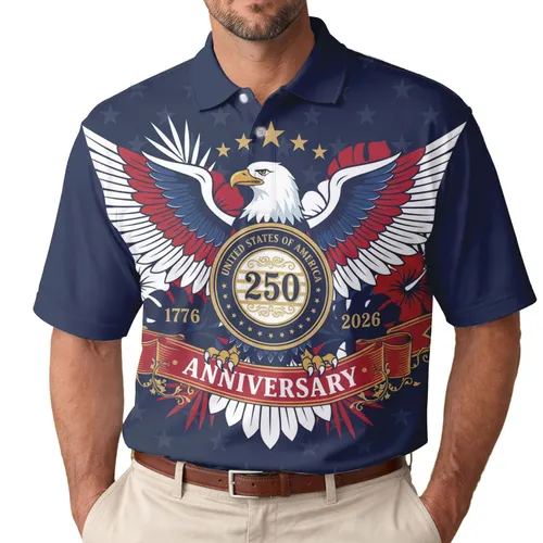 America 250th Celebration Bald Eagle 1776 Patriotic Polo Semiquincentennial Men's Polo Shirt (Lightweight)