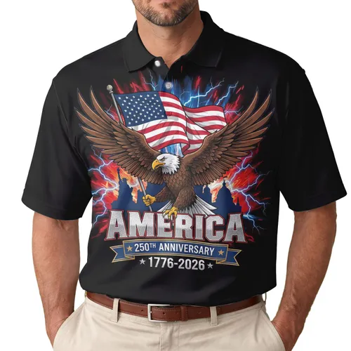 America 250th Anniversary Patriot Bald Eagle Flag Liberty Capitol 1776-2026 Men's Polo Shirt (Lightweight)