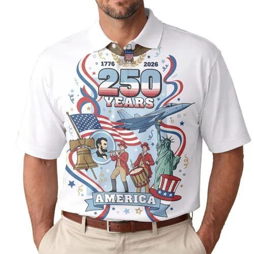 America 250th Birthday Polo Patriotic Symbols: Lincoln, Liberty Bell, Flag, Eagle Art Men's Polo Shirt (Lightweight)