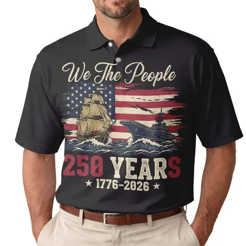 We The People 250th Anniversary Distressed Flag Ship Carrier 1776 Rugged Americana Men's Polo Shirt (Lightweight)