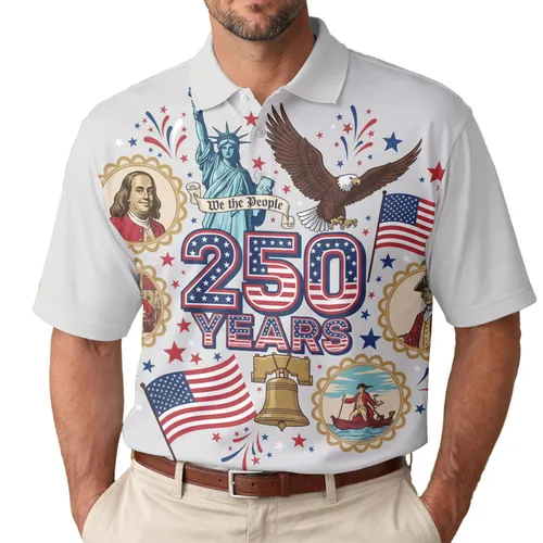 America 250th Anniversary Patriotic Polo Statue of Liberty Eagle Liberty Bell Men's Polo Shirt (Lightweight)