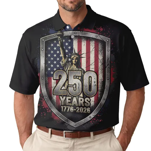 America 250th Semiquincentennial Liberty Shield 1776-2026 Weathered Flag Grunge Patriot Men's Polo Shirt (Lightweight)