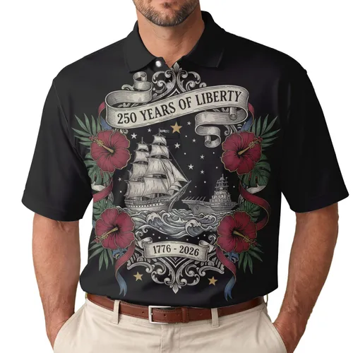 USA 250th Anniversary: Liberty Tall Ship Carrier Polo Emblem 1776-2026 Men's Polo Shirt (Lightweight)