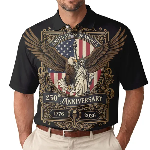 USA 250th Anniversary Historic Eagle Lady Liberty Flag 1776 2026 Ornate Gold Bronze Men's Polo Shirt (Lightweight)