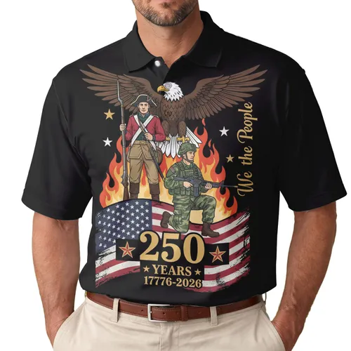 USA 250th Birthday Patriotic Eagle Revolutionary Modern Soldier Flag 1776-2026 Men's Polo Shirt (Lightweight)