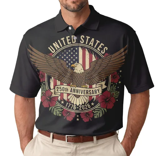 America 250th Anniversary Patriotic Distressed Eagle Flag Tropical Keepsake Men's Polo Shirt (Lightweight)