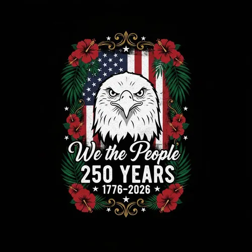 Historic USA 250th Birthday Eagle Flag We the People Tropical Hibiscus Palm Scroll Men's Polo Shirt (Lightweight)