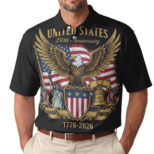 America 250th Anniversary Eagle Flag Statue Liberty Bell 1776-2026 Gold Grunge Men's Polo Shirt (Lightweight)