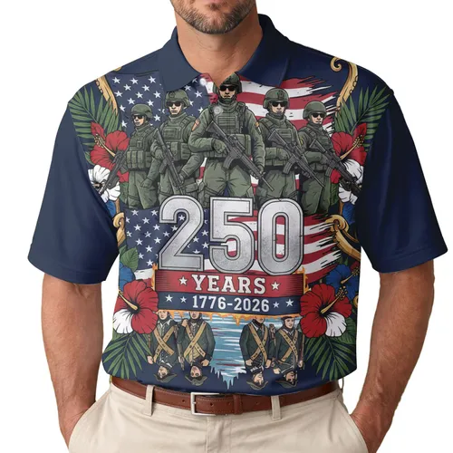 America's 250th Anniversary 1776-2026 Dual Soldier Flag Hibiscus Gold Laurel Men's Polo Shirt (Lightweight)
