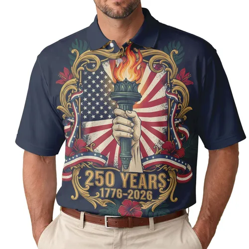 America 250th Birthday Liberty Torch Hand Flag Gold Scroll Tropical Frame 1776 Men's Polo Shirt (Lightweight)