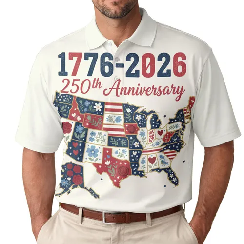 Semiquincentennial 1776-2026: America 250th Map Quilt with Patriotic Stars, Roses, Wildflowers Men's Polo Shirt (Lightweight)