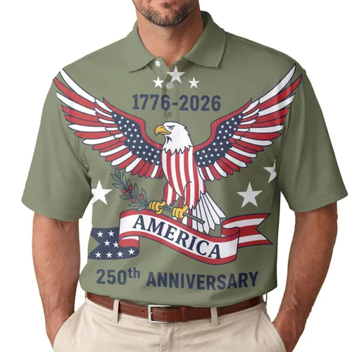 America 250th Anniversary Eagle Tropical 1776-2026 Flag Colors Olive Branch Men's Polo Shirt (Lightweight)