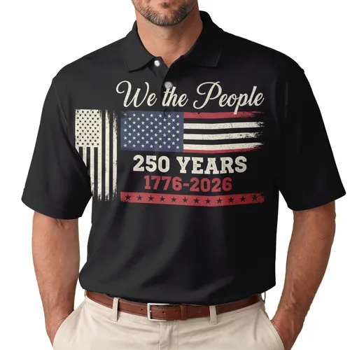 250th Anniversary We the People Distressed Flag 1776-2026 Polo Patriot Men's Polo Shirt (Lightweight)
