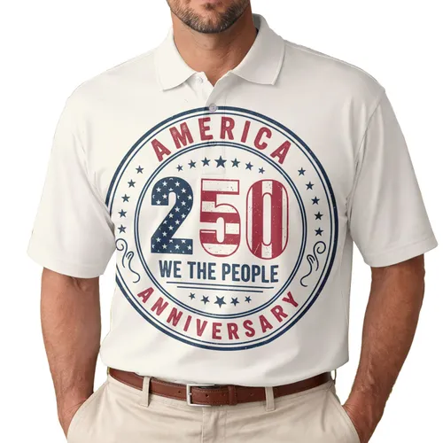 America 250th Anniversary Patriotic Polo Emblem: We The People Stars Stripes Men's Polo Shirt (Lightweight)
