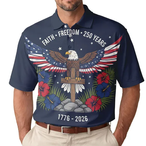 America's 250th Birthday Bald Eagle Flag Cross Faith Freedom 1776-2026 Tropical Hibiscus Men's Polo Shirt (Lightweight)