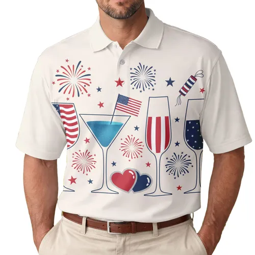 USA 250th Anniversary Patriotic Tropical Cocktails Flag Stars Firecrackers Hearts Men's Polo Shirt (Lightweight)