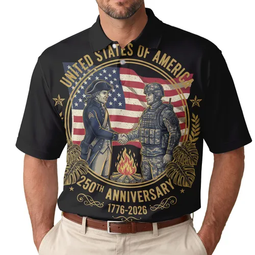 USA 250th Birthday: Colonial Minuteman Modern Soldier Campfire Patriotic Flag 1776 Men's Polo Shirt (Lightweight)