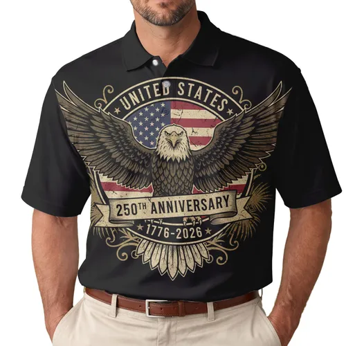 USA 250th Birthday Eagle | Vintage Distressed Flag 1776-2026 | Patriotic Tropical Americana Men's Polo Shirt (Lightweight)