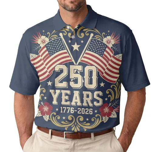 America 250th Anniversary Patriotic Waving Flags 1776-2026 Laurel Scroll Deep Navy Men's Polo Shirt (Lightweight)
