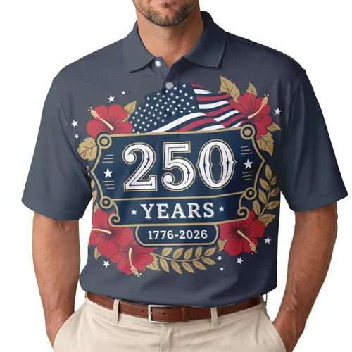 America 250th Anniversary Patriotic Polo Banner 1776-2026 Stars Flag Hibiscus Men's Polo Shirt (Lightweight)