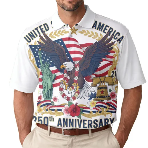 250th Anniversary Bald Eagle Flag Statue Liberty Bell 1776-2026 Commemorative Design Men's Polo Shirt (Lightweight)