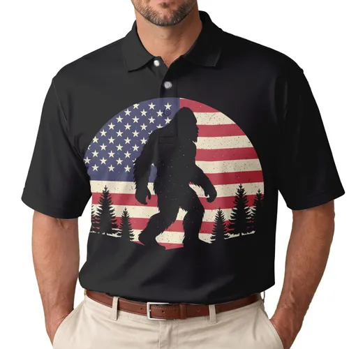 America 250th Bigfoot Silhouette Vintage Flag Pine Hills Est. 1776 Patriotic Men's Polo Shirt (Lightweight)