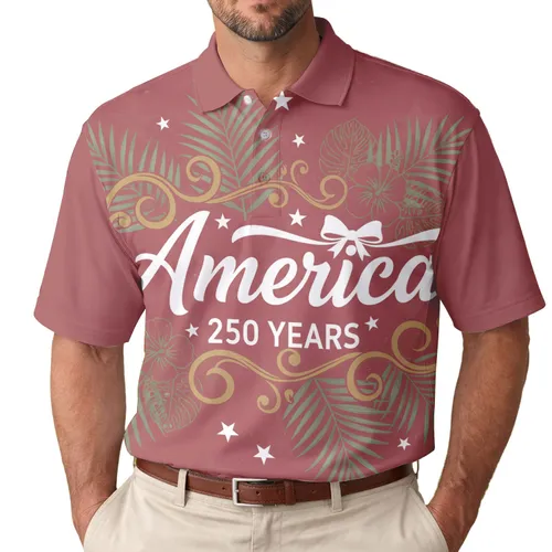 America 250th Anniversary Crimson Red Design: Polo Script, Bow, Gold Scrollwork Men's Polo Shirt (Lightweight)