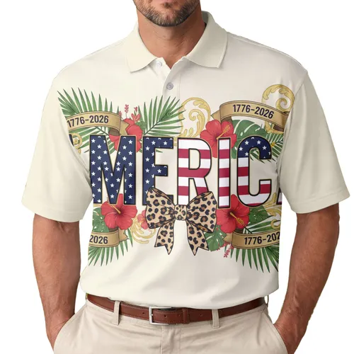 America 250th Anniversary Stars Stripes Leopard Bow Hibiscus Palm Gold Scroll 1776-2026 Men's Polo Shirt (Lightweight)