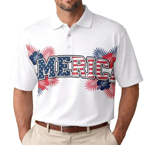Patriotic America 250th Collegiate Wordmark Star Stripe Hibiscus Palm Men's Polo Shirt (Lightweight)