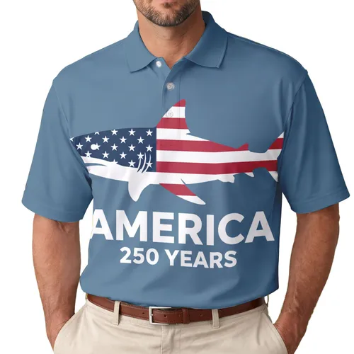 USA 250th Anniversary: Patriotic Polo Shark Flag, AMERICA 250 YEARS Men's Polo Shirt (Lightweight)