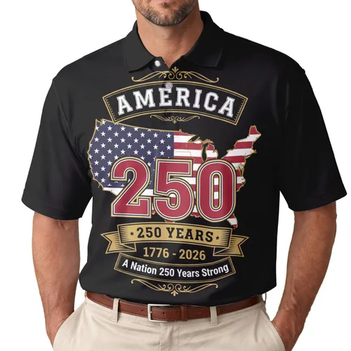 America 250th Anniversary United States Flag Map 1776-2026 Gold Scrollwork Men's Polo Shirt (Lightweight)