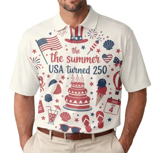 America 250th Birthday Flag Heart Cake Tropical Icons July 1776 Commemorative Men's Polo Shirt (Lightweight)