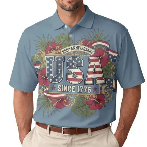 USA 250th Anniversary Est 1776 Distressed Star Stripes Hibiscus Gold Scrollwork Men's Polo Shirt (Lightweight)