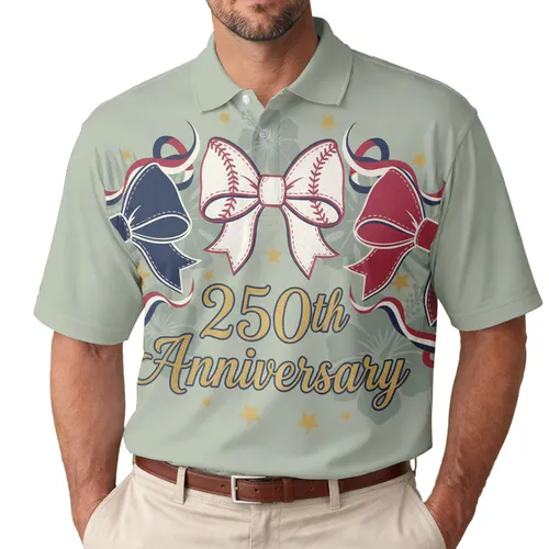 America 250th Anniversary Patriotic Bows Gold Stars Tropical Leaves Vintage Sage Men's Polo Shirt (Lightweight)