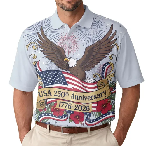 America 250th Birthday Patriotic Eagle Flag Tropical Hibiscus Stars Scrollwork Men's Polo Shirt (Lightweight)