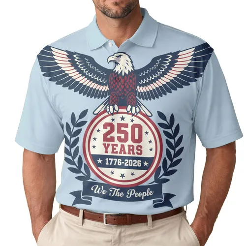 America 250th Anniversary Eagle: We The People '250 YEARS' 1776-2026 Patriotic Emblem Men's Polo Shirt (Lightweight)