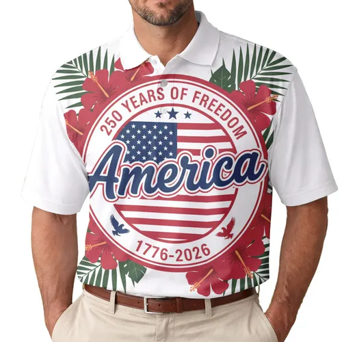Patriot America 250th Anniversary Freedom Emblem Stars Stripes Hibiscus Palms Men's Polo Shirt (Lightweight)