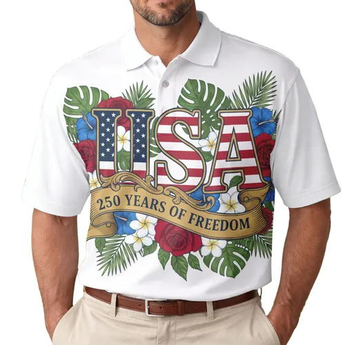 USA 250th Anniversary Freedom Banner Stars Stripes Crimson Rose Tropical Illustration Men's Polo Shirt (Lightweight)